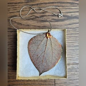 Vintage Aspen Leaf Copper Dipped Pendant On 925 Silver Chain Necklace